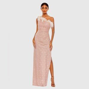 NWT | Mac Duggal 68139 Pink Embellished One Shoulder Gown w/ Ostrich Feathers 12
